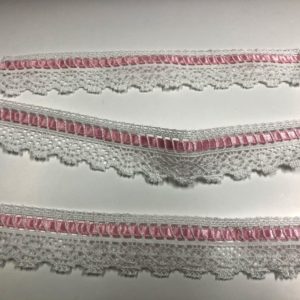 Decorative lace, cotton with pink satin ribbon